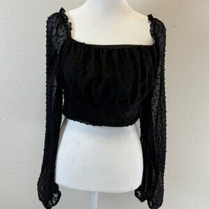 Sheer Mesh Black Polka Dot Sleeved Smocked Back Crop Top Babydoll Gothcore